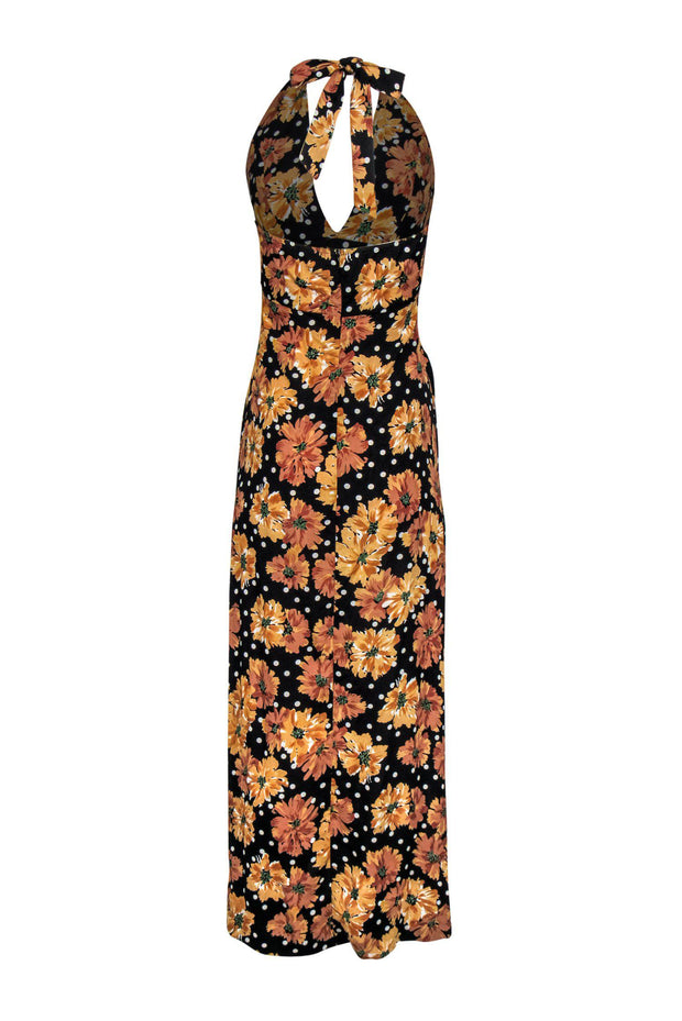 Current Boutique-Flynn Skye - Black Polka Dot & Sunflower Print Halter Maxi Dress Sz M