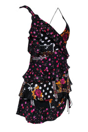 Current Boutique-For Love & Lemons - Black Floral Patchwork Printed Asymmetric Ruffled Dress Sz S