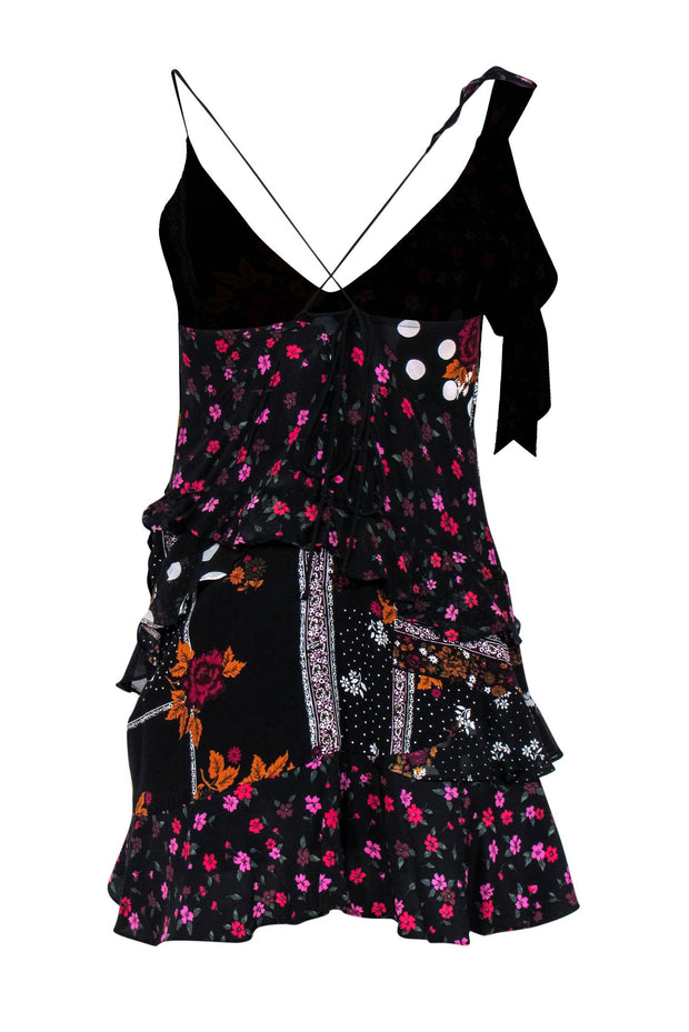 Current Boutique-For Love & Lemons - Black Floral Patchwork Printed Asymmetric Ruffled Dress Sz S