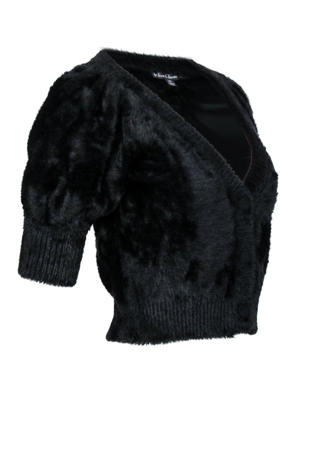 Current Boutique-For Love & Lemons - Black Fuzzy Cropped Puff Sleeve Button-Up Cardigan Sz XS