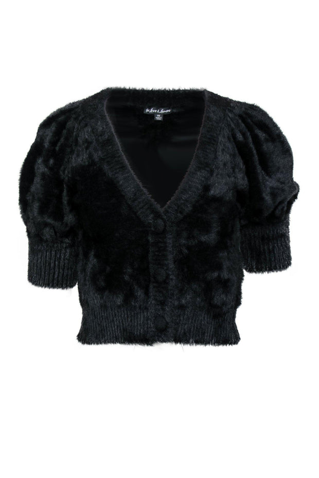 Current Boutique-For Love & Lemons - Black Fuzzy Cropped Puff Sleeve Button-Up Cardigan Sz XS