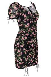 Current Boutique-For Love & Lemons - Black Rose Printed Ruched Bodycon Dress Sz XS