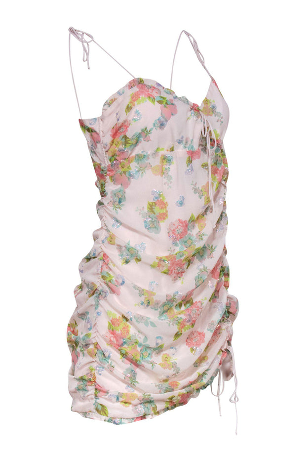Current Boutique-For Love & Lemons - Light Pink Floral Print & Sequin Heart Ruched Sleeveless Mini Dress Sz L