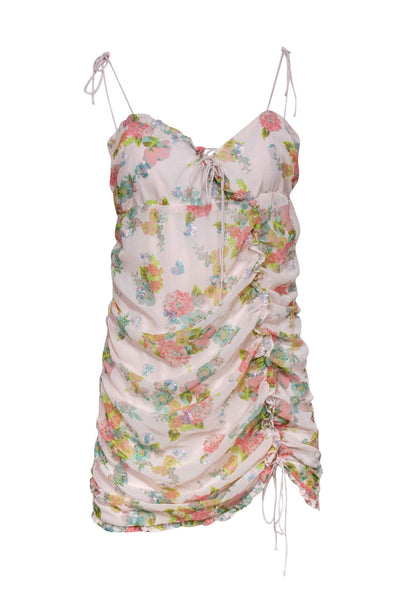 Current Boutique-For Love & Lemons - Light Pink Floral Print & Sequin Heart Ruched Sleeveless Mini Dress Sz L
