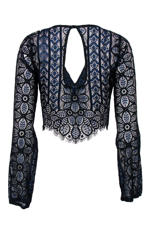Current Boutique-For Love & Lemons - Navy & Black Floral Lace Long Sleeve Cropped Blouse Sz M