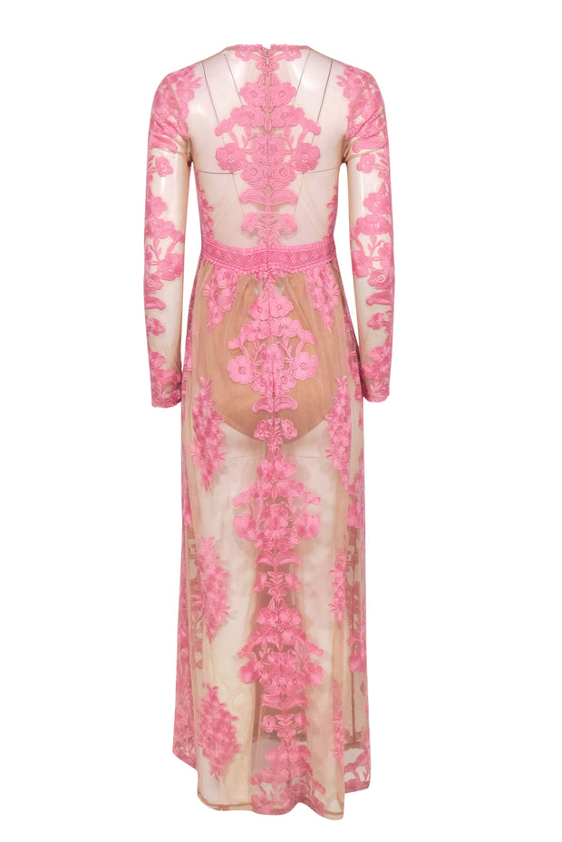 Current Boutique-For Love & Lemons - Nude Mesh & Pink Embroidered Plunge Gown w/ Bodysuit Sz M