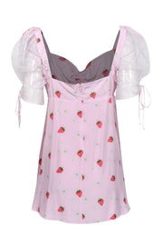 Current Boutique-For Love & Lemons - Pink Floral & Strawberry Print Mini Dress w/ Polka Dot Puff Sleeves Sz L