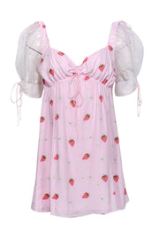 Current Boutique-For Love & Lemons - Pink Floral & Strawberry Print Mini Dress w/ Polka Dot Puff Sleeves Sz L