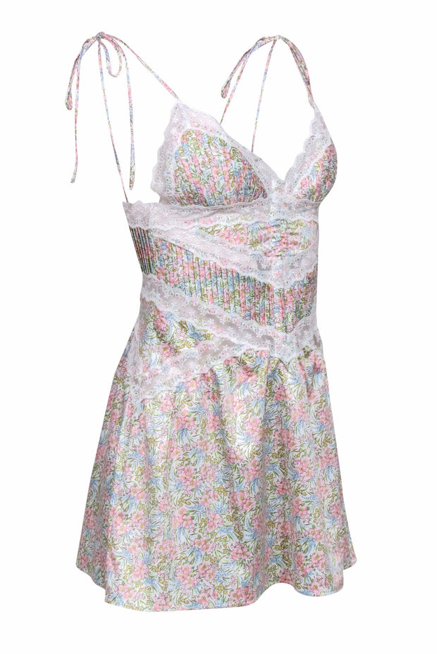 Current Boutique-For Love & Lemons - Pink & Green Floral Print Mini Dress w/ Lace Trim Sz S