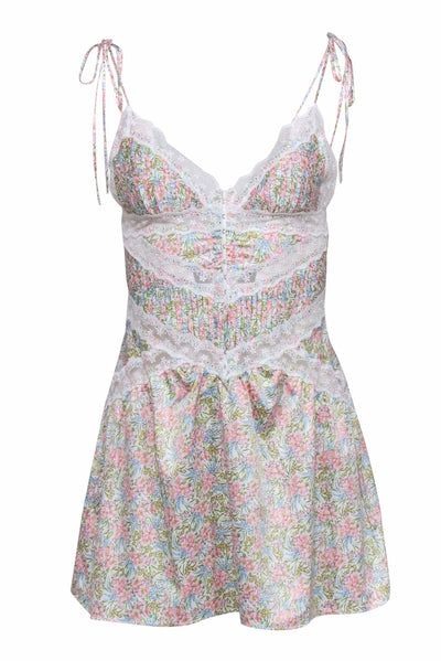 Current Boutique-For Love & Lemons - Pink & Green Floral Print Mini Dress w/ Lace Trim Sz S