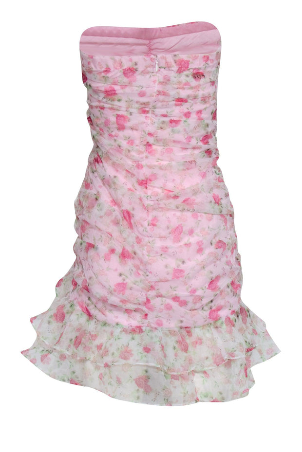 Current Boutique-For Love & Lemons - Pink Organza Rose Print Ruched Strapless Mini Dress Sz S