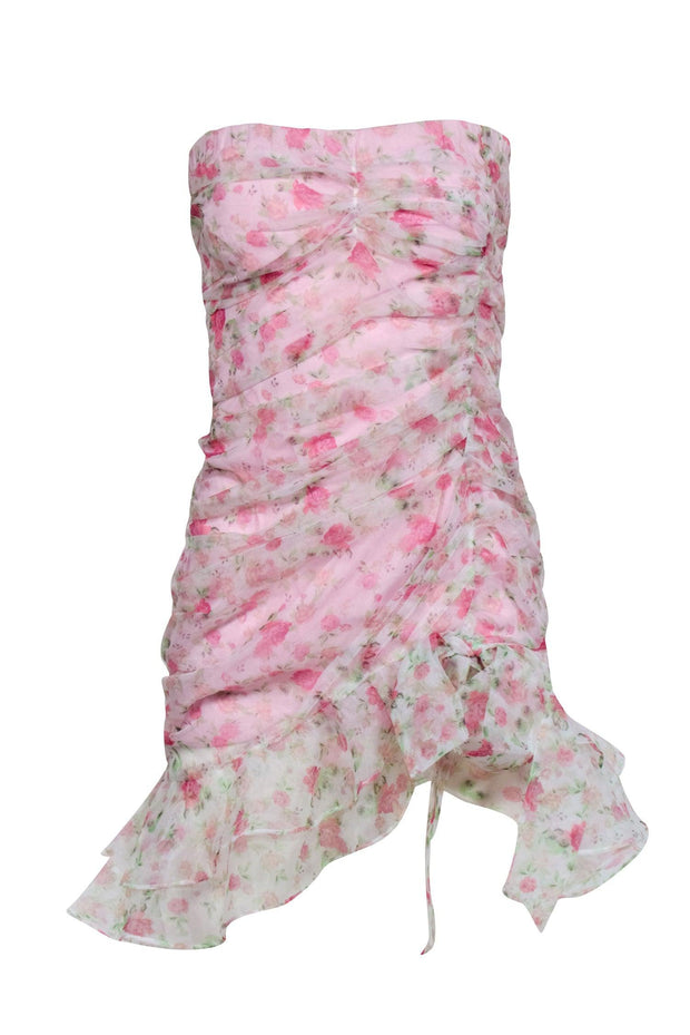 Current Boutique-For Love & Lemons - Pink Organza Rose Print Ruched Strapless Mini Dress Sz S