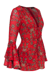 Current Boutique-For Love & Lemons - Red & Beige Floral Print Bell Sleeve Romper Sz XS
