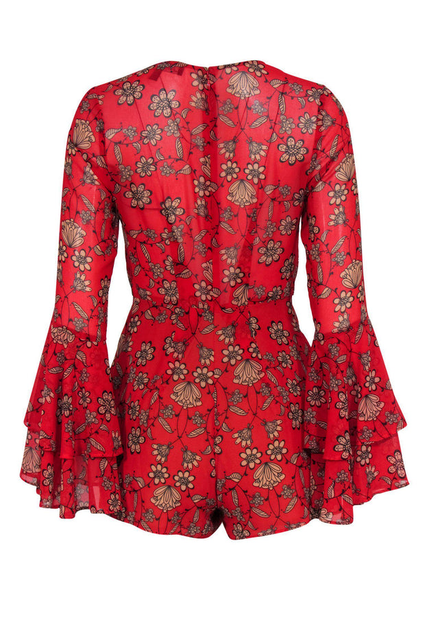 Current Boutique-For Love & Lemons - Red & Beige Floral Print Bell Sleeve Romper Sz XS