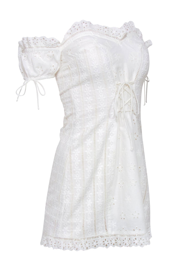 Current Boutique-For Love & Lemons - White Eyelet Off-the Shoulder Mini Dress w/ Lace-Up Detail Sz M