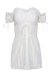 Current Boutique-For Love & Lemons - White Eyelet Off-the Shoulder Mini Dress w/ Lace-Up Detail Sz M