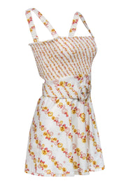 Current Boutique-For Love & Lemons - White, Yellow & Pink Floral Print Smocked Belted Fit & Flare Dress Sz XS