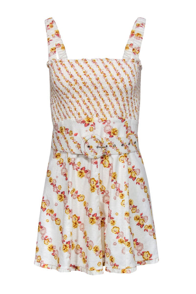 Current Boutique-For Love & Lemons - White, Yellow & Pink Floral Print Smocked Belted Fit & Flare Dress Sz XS