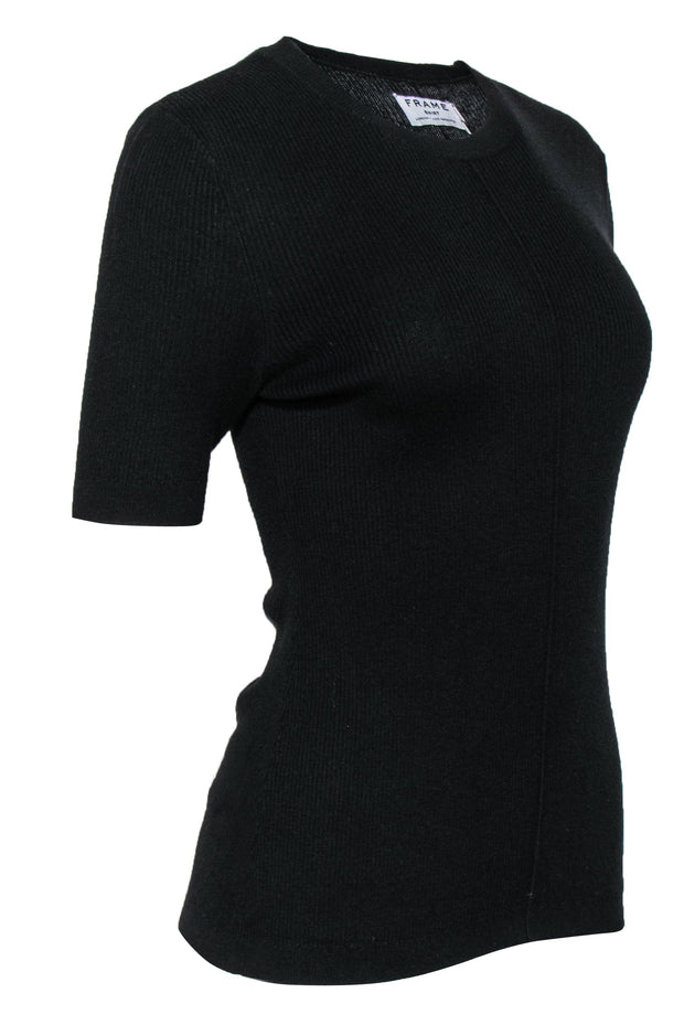 Current Boutique-Frame - Black Ribbed Cashmere Blend Short Sleeve Top Sz M