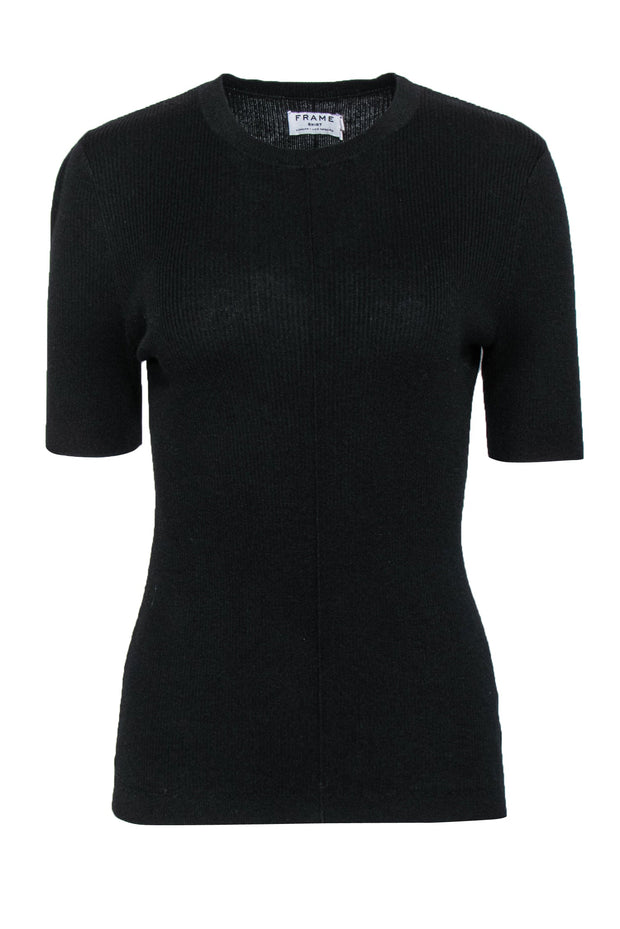 Current Boutique-Frame - Black Ribbed Cashmere Blend Short Sleeve Top Sz M
