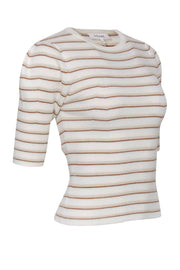 Current Boutique-Frame - Cream Ribbed 3/4 Sleeve Top w/ Brown & Gold Stripes Sz S