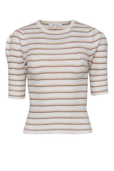 Current Boutique-Frame - Cream Ribbed 3/4 Sleeve Top w/ Brown & Gold Stripes Sz S