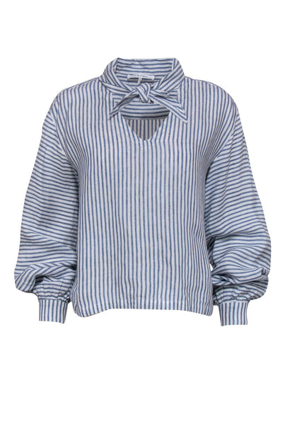Current Boutique-Frame - White & Blue Striped Long Sleeve Linen Blouse w/ Neck Tie