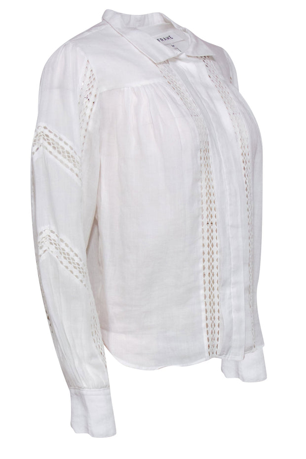 Current Boutique-Frame - White Button-Up Puff Sleeve Blouse w/ Eyelet Trim Sz S