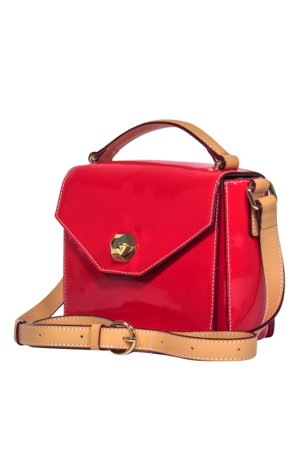 Current Boutique-Frances Valentine - Red Patent Leather Fold-Over Snap "Mini Midge" Crossbody w/ Tan Trim