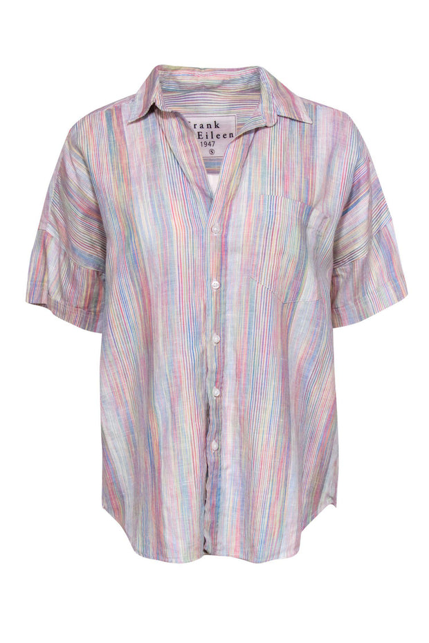 Current Boutique-Frank & Eileen - White & Multicolored Pastel Striped Button-Up Blouse Sz S