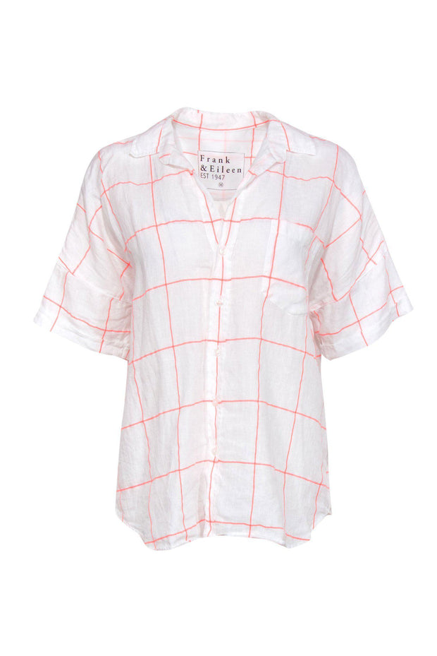 Current Boutique-Frank & Eileen - White & Pink Grid Linen Collared Shirt Sz M