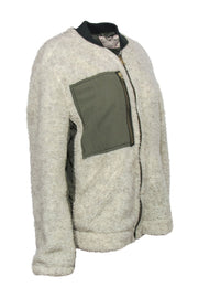 Current Boutique-Free People - Beige Faux Sherpa Zip-Up Jacket w/ Olive Trim Sz S