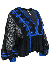 Current Boutique-Free People - Black & Blue Lace & Embroidered Balloon Sleeve Blouse Sz XS