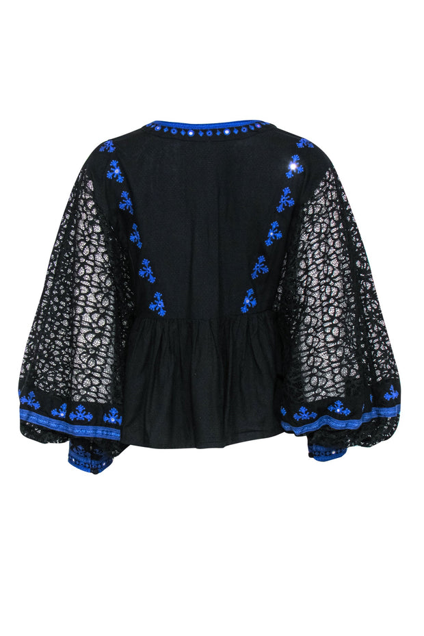 Current Boutique-Free People - Black & Blue Lace & Embroidered Balloon Sleeve Blouse Sz XS