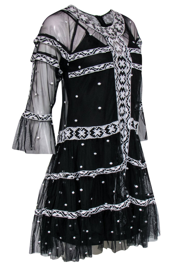 Current Boutique-Free People - Black Cropped Sleeve Sheer Tulle Dress w/ White Embroidery Sz XS