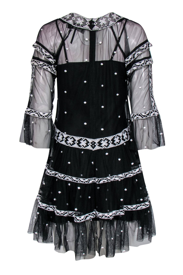 Current Boutique-Free People - Black Cropped Sleeve Sheer Tulle Dress w/ White Embroidery Sz XS