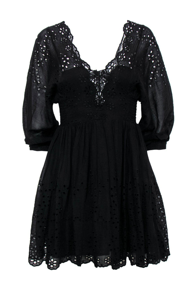 Current Boutique-Free People - Black Eyelet Lace Puffed Sleeved Sundress Sz S