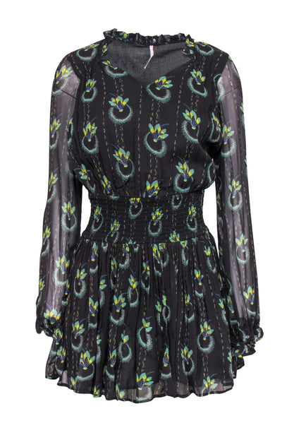 Current Boutique-Free People - Black Feather Print Smocked Waist Dress Sz XS