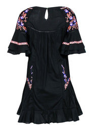 Current Boutique-Free People - Black Floral Embroidered Bell Sleeve Shift Dress w/ Eyelet Trim Sz XS