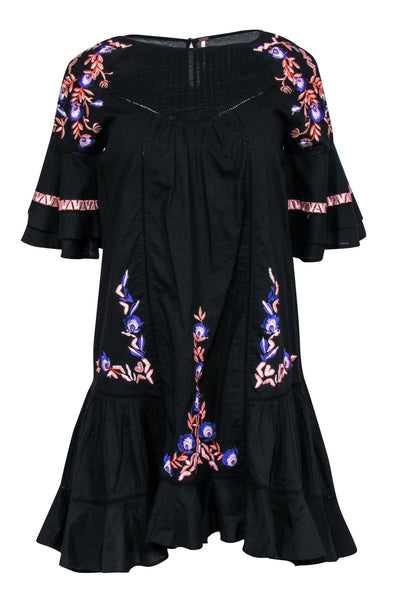 Current Boutique-Free People - Black Floral Embroidered Bell Sleeve Shift Dress w/ Eyelet Trim Sz XS