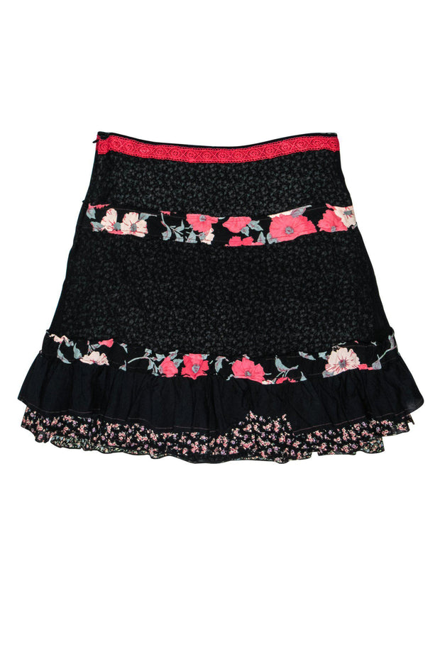 Current Boutique-Free People - Black & Pink Flare Skirt w/ Floral Print Lining & Trim Sz 4