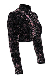 Current Boutique-Free People - Black & Purple Floral Print Velvet Button-Up Cropped Jacket Sz 8