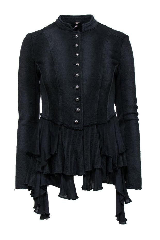 Current Boutique-Free People - Black Textured Button-Up Jacket w/ Ruffle Hem Sz 0