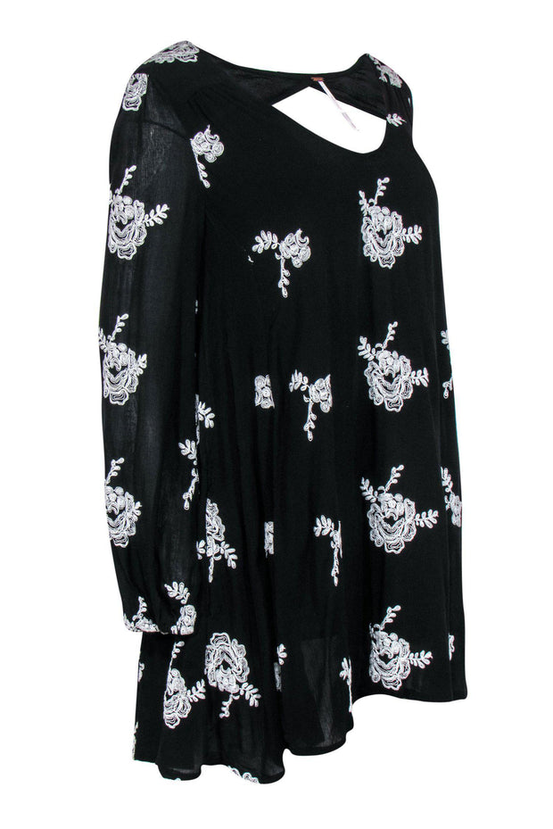 Current Boutique-Free People - Black & White Floral Embroidered Long Sleeve Shift Dress Sz S