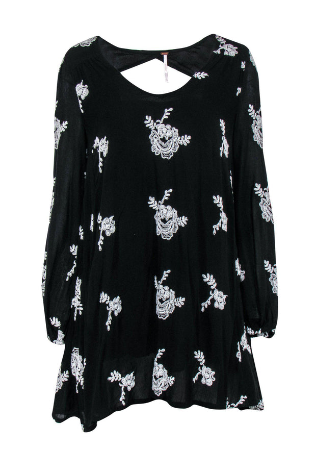Current Boutique-Free People - Black & White Floral Embroidered Long Sleeve Shift Dress Sz S