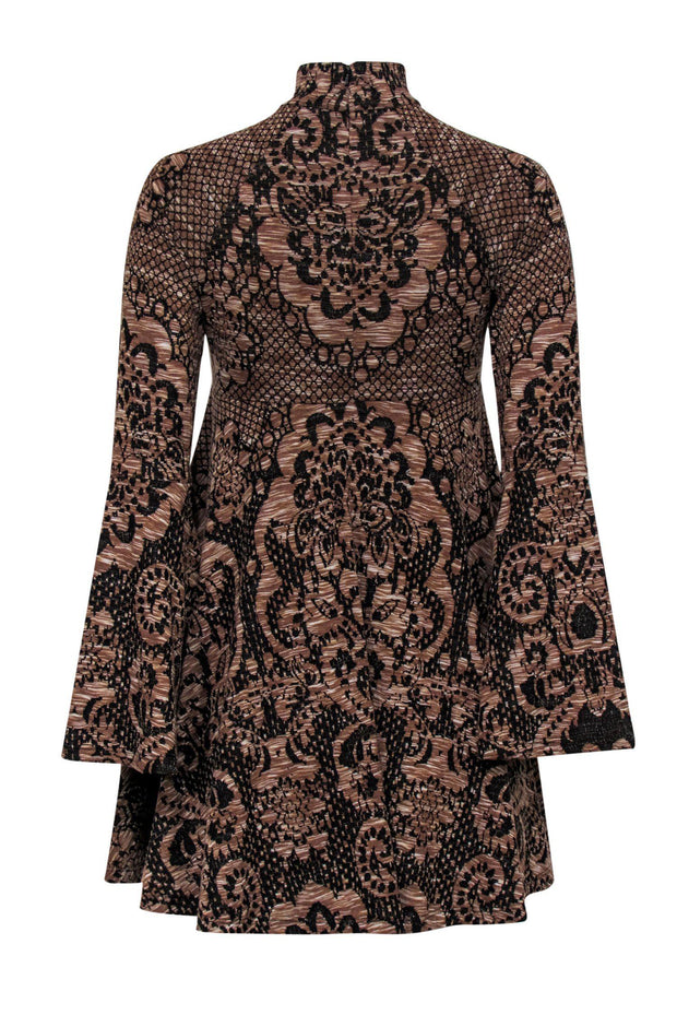 Current Boutique-Free People - Brown & Black Floral Print Bell Sleeve Fit & Flare Dress Sz XS