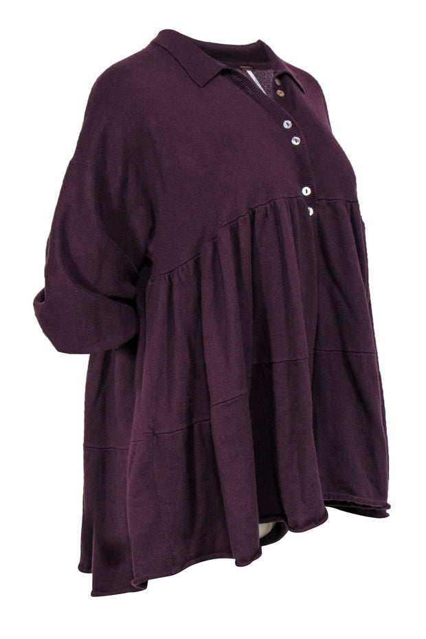 Current Boutique-Free People - Dark Purple Balloon Sleeve Partial Button-Up Romper Sz XS