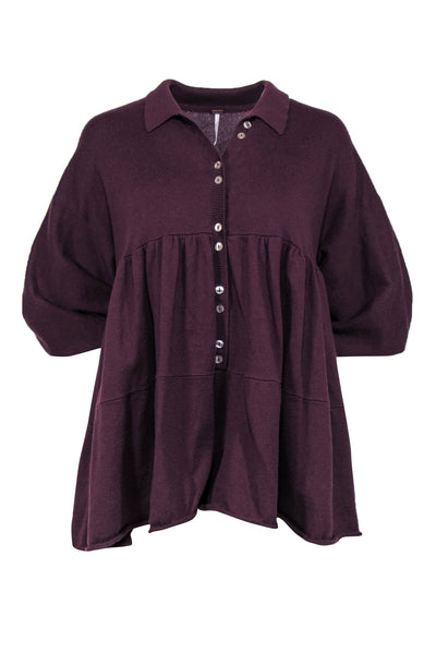 Current Boutique-Free People - Dark Purple Balloon Sleeve Partial Button-Up Romper Sz XS