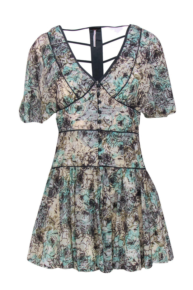 Current Boutique-Free People - Green & White Floral Flutter Sleeve Dress Sz 2