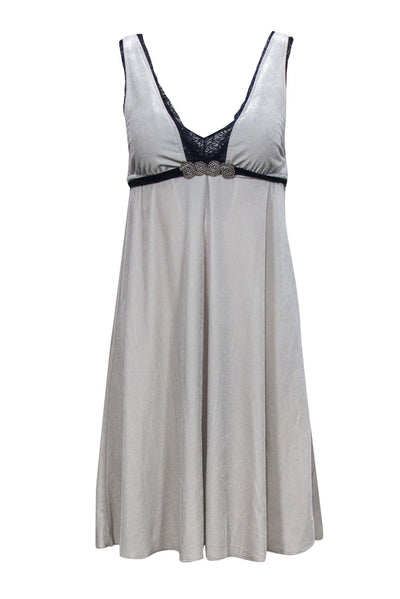 Current Boutique-Free People - Light Grey Velvet Sleeveless A-Line Dress w/ Lace Trim & Jeweled Belt Sz M